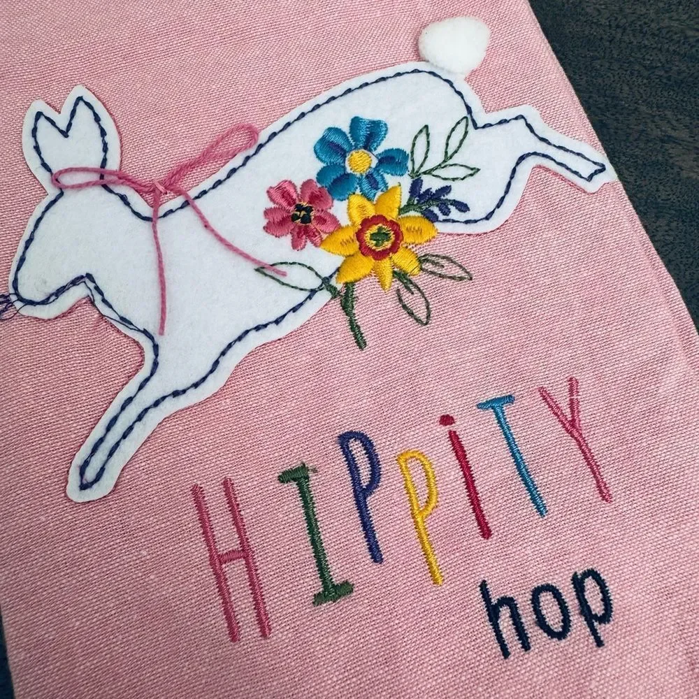 Easter Spring Bunny Rabbit Pink Embroidered Dish Towel Tea Towel